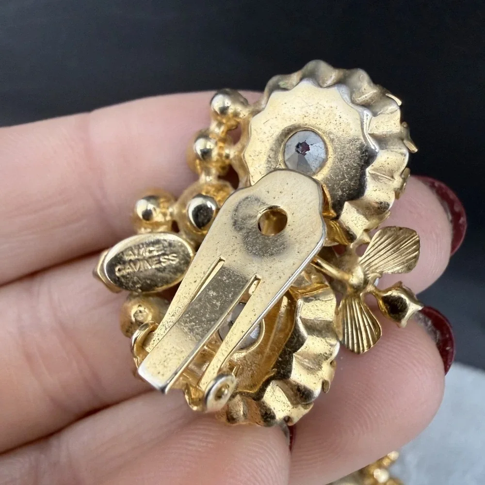 Vintage Alice Caviness Clip On Earrings ONE MISSING BACK Gold Tone AB Rhinestone